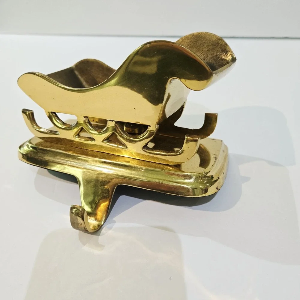 Vintage Solid Brass Sleigh Christmas Stocking Sock Holder Hanger